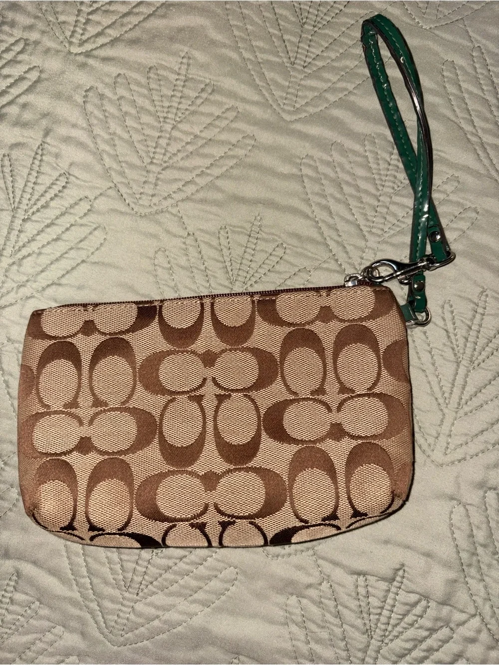 Coach Brown Signature Canvas Wristlet with Green Trim